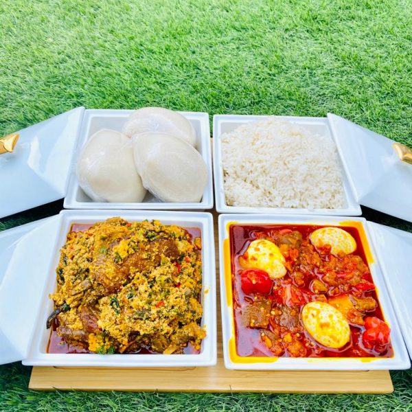Egusi with Poundo paired with Pepper Sauce and White Rice Platter